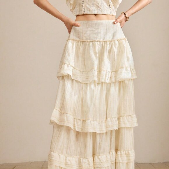Apricot Casual Women's Long Ruffled Hem Elegant Multi-Layer Skirt - Picture 3 of 3